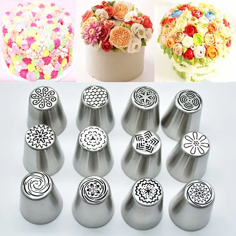 12Pcs/Set Russian Large Piping Tips Set Baking Supplies Tulip Flower Icing Nozzles Fondant Cakes Cupcakes Pastries Decorating