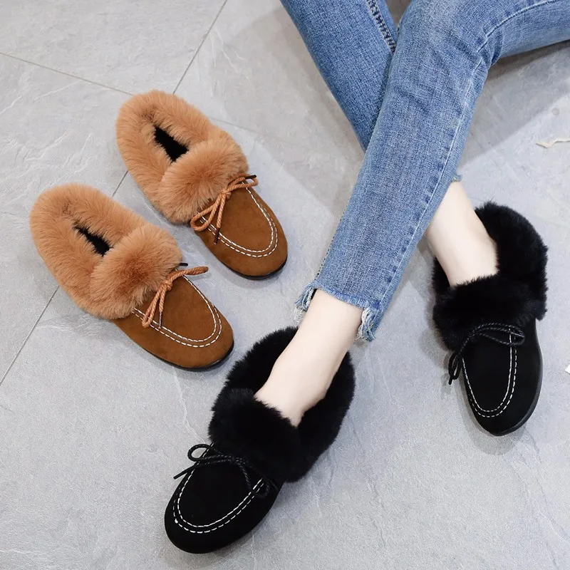 

Moxxy 2018 Winter Autumn Fur Shoes Woman Warm Lace Up Ourdoor Flat Shoes Fur Slides Home Low Heels Flock Designer Fur Slippers