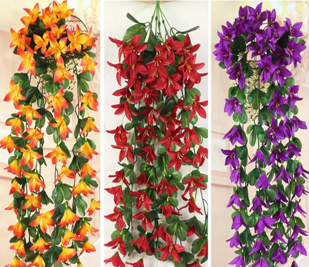 2pcs Hanging Artificial Lily Flower Wall Ivy Garland Vine Greenery For