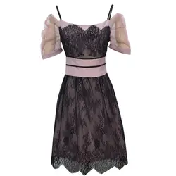 Высокое качество 2018 лето новые женские Модные элегантный Slash шеи короткий рукав Сладкий розовый Марли лоскутное Черное кружево платье мини