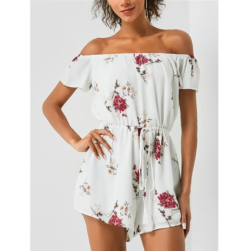 Для женщин Дамская Мода белый цветочный принт комбинезон с открытыми плечами Drawstring талии Лето 2019 г. пляжный костюм короткие штаны