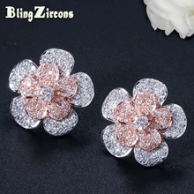 BeaQueen серебро и розовое золото цвет микро проложили Кубический Цирконий Серебро 925 Пост Серьги гвоздики для женщин цветок уха ювелирные изделия E213
