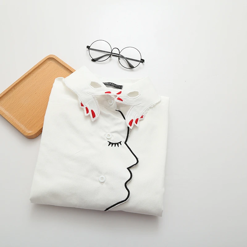 漫画の指形襟刺繍ターンダウン襟長袖シャツ女性100 綿白いシャツ Aliexpress