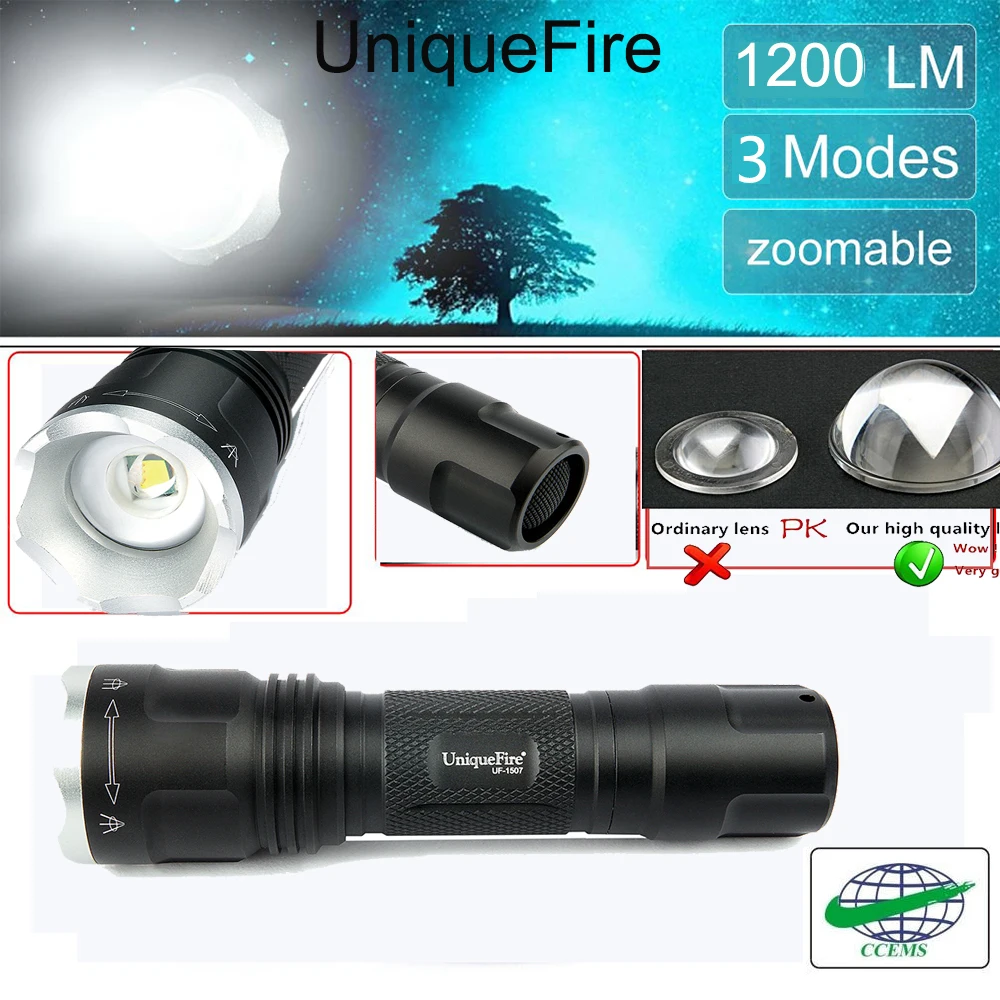 

UniqueFire UF-1507 1200LM Tactical Flashlight XML T6 LED Portable Zoomable Water Resistant Lamp Torch For Hiking, Emergency