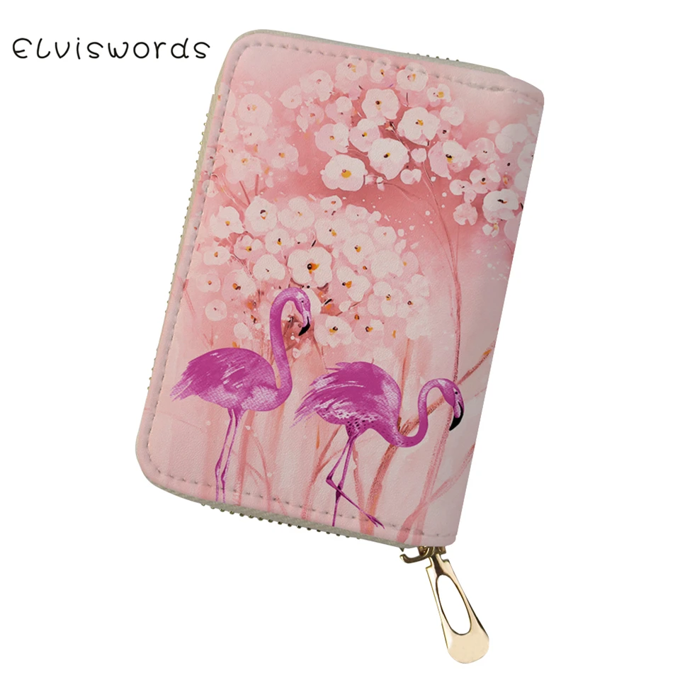 

ELVISWORDS Fashion PU Business Card Holder Flower Flamingos Prints Pattern Girls Money Purses Bags Mini Lady Cluth Card Wallets