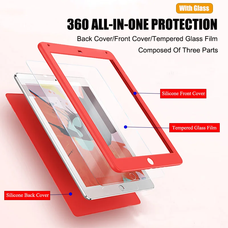 Tempered Glass For Ipad 3 2012 Case 360 Degree Front Back Full Cover Silicone Case For Ipad 2 3 4 A1395 A1396 A1416 A1430 A1403