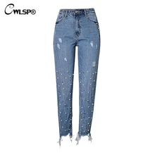 CWLSP модные джинсы женские повседневные джинсы с бисером женские винтажные джинсовые синие брюки с молниями брюки для женщин QL3502
