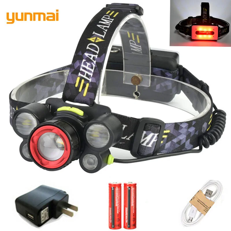 

yunmai White+Red Light Headlamp Lantern 5 LED Powerful Zoomable Headlight USB Rechargeable 15000LM Head Torch Lamp Fish Zaklamp