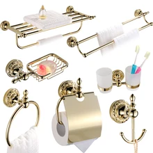 Antique Solid Brass Gold Bathroom Hardware Sets, Carved Ti Pvd Finish bathroom accessories sets Polished Towel Rack Shelf