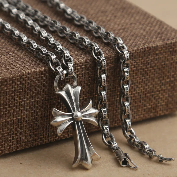 

Wholesale S925 Sterling Silver Jewelry men's Cross Cross Arms Flower Pendant With CH Alphabet Necklace Domineering