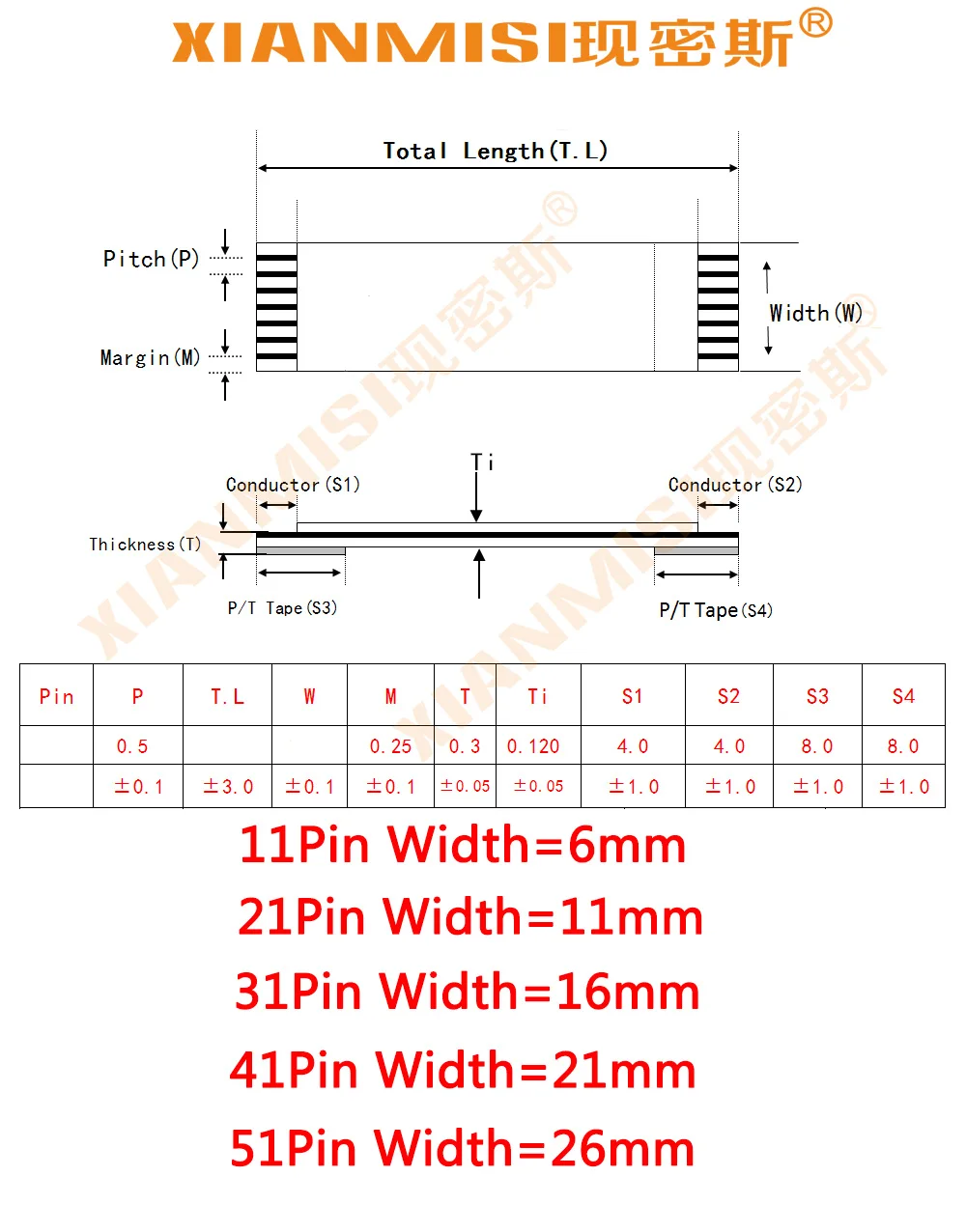 FFC/Гибкие печатные платы квартира Flex ленточный кабель 11pin 21pin 31pin 41pin 51pin же сбоку 0.5 мм Шаг awm vw-1 20798 80C 60 В Длина 20 см 5 шт