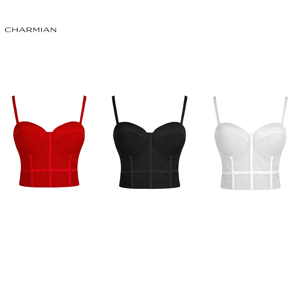 

Charmian Women's Sexy Black See-through Mesh Spaghetti Straps Bustier Bra Corset Clubwear Crop Top