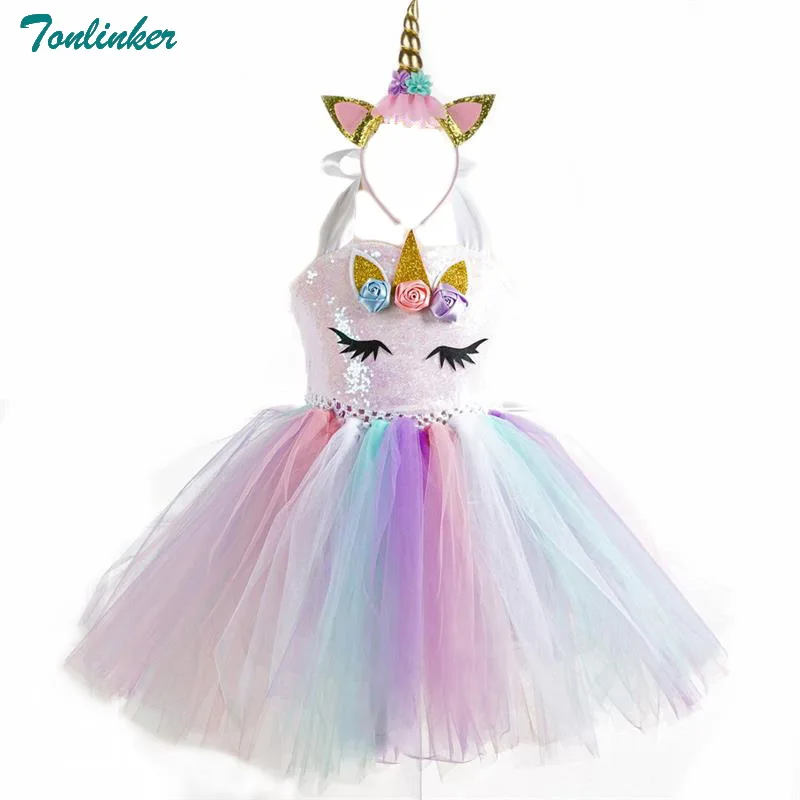 Girls Unicorn Pony Costume With Headband Tutu Dress Flower Sequin Princess Girls Party Dress Children Kids Unicorn Costumes New 