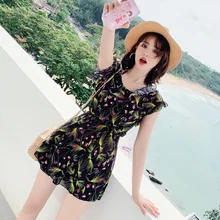 2019 Sexy New Arrival Women Swimsuit Black Print Two Piece Suits Fashion Halter Swimwear Summer Ruffle Backless Swimming Suit stylish flower hit color halter backless two piece swimsuit for women