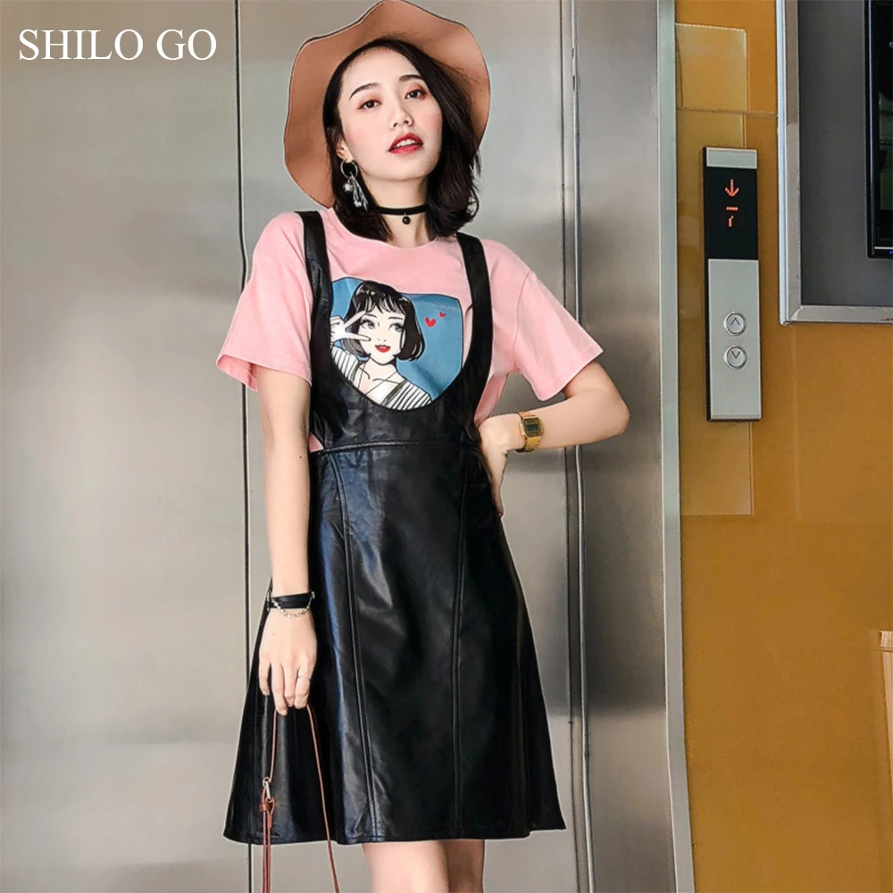 SHILO GO кожаное платье Женская Весенняя мода из овечьей кожи платье с v-образным вырезом без рукавов Спагетти ремень Холтер A Line dre