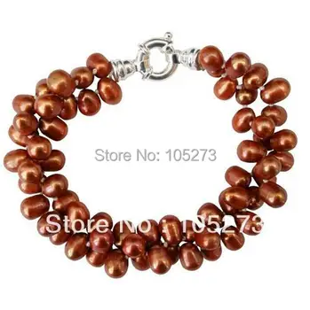 

Wholesale Pearl Jewelry Pretty Chunky Cultured Freshwater Brown Large Rice Pearl Two Strand Bracelet AA6-7MM 7.5'' Free Shipping