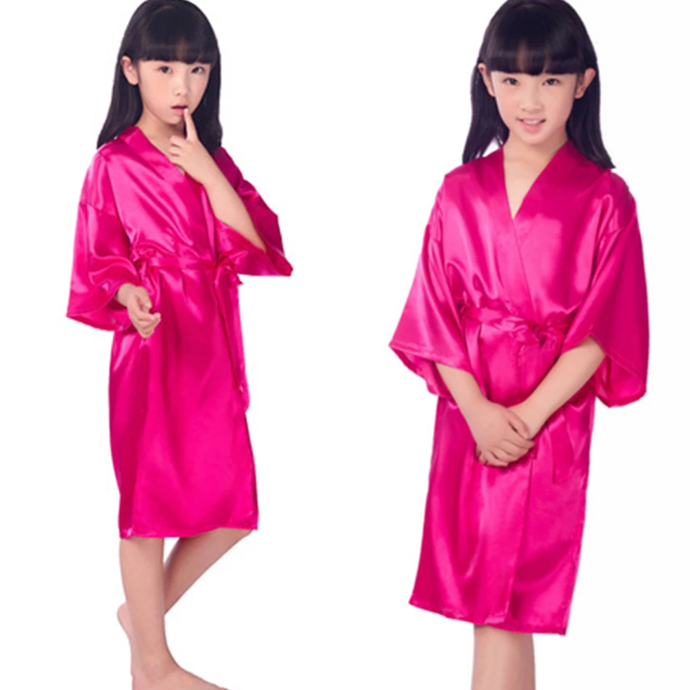 New Arrival Baby Girls Kid Silk Satin Kimono Robes Bathrobe Sleepwear Nightdress Wedding Flower Girl Solid Loose Night Dress