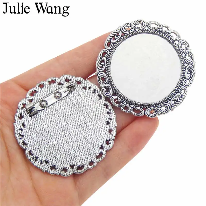 

Julie Wang 2PCS Brooch Pins Alloy Antique Silver Blank Cabochon Brooch Setting Base DIY Jewelry Making Accessory 18 Styles