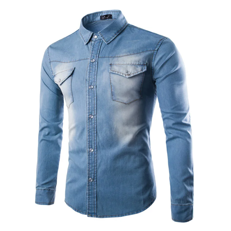 Новые черные джинсовые рубашки мужские осенние модные джинсовые рубашки с двойным карманом повседневные брендовые облегающие рубашки Chemise Homme Marque Xxxl - Цвет: Небесно-голубой