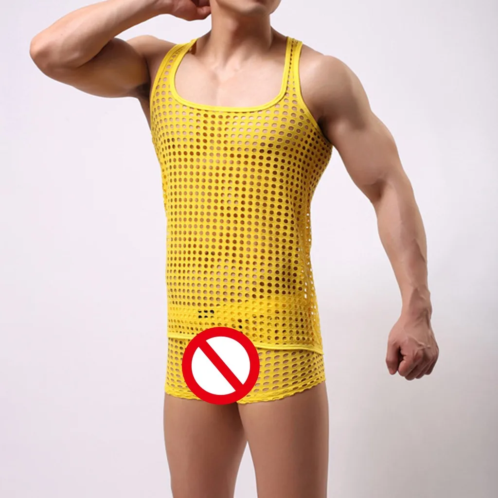 Мужской сексуальный комплект нижнего белья с сеточкой, трусы-боксеры, топ, майка, жилет, удобные мужские трусы-боксеры для фитнеса