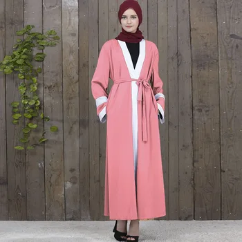 

Casual Women Patchwork Dresses Islamic Muslim Turkish Abayas Middle East Abaya Dubai Ramadan Caftan Belt Pocket Robe Long Dress