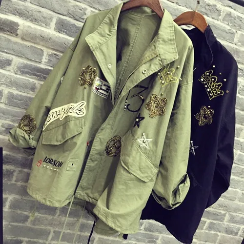 Women Cotton Jacket Coat Fashion Women Bomber jacket Embroidery Applique Rivets Oversize Women Coat Army Green Cotton Coat