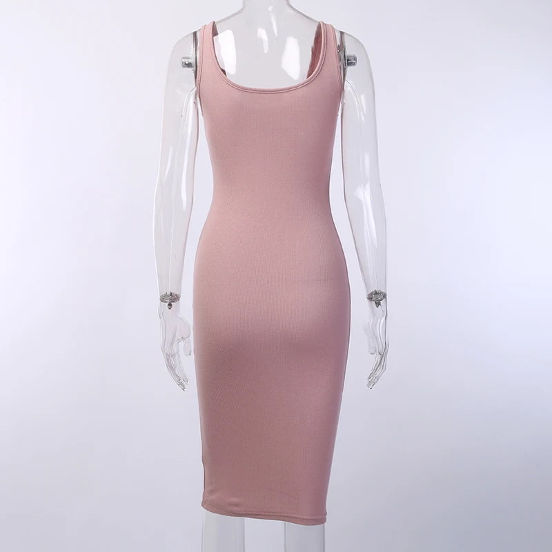 V-neck Knitted Elastic Sleeveless Button Knee-length Bodycon Dress