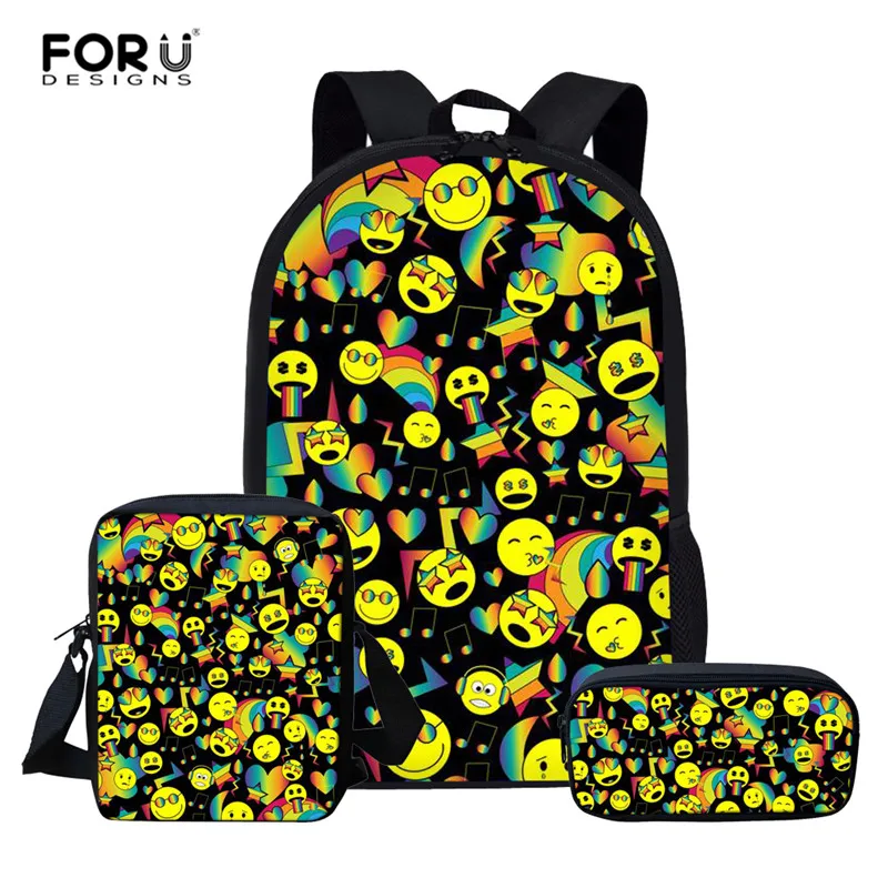 

FORUDESIGNS Backpacks Cute Emoji Emoticon Shoulder Children School Bag Set Women Backpack Satchel Rucksack For Teenage mochila