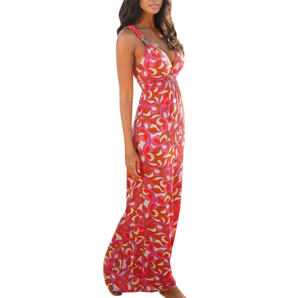 Dresses Woman Party Night Summer Womens Bohemian Printed Sexy Sleeveless V Neck Sling Party Beach Long Maxi Dress Sundress #B
