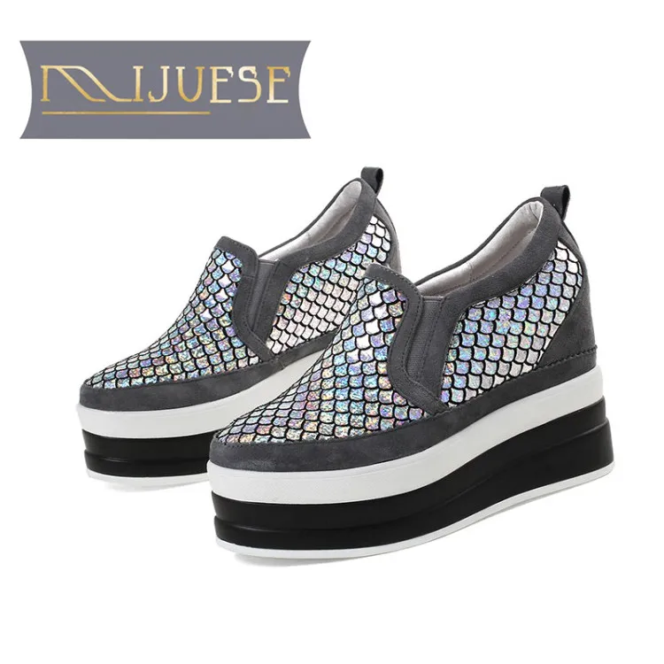 

MLJUESE 2018 women pumps cow leather slip on increased Internal high heels platform pumps boat shoes boat shoes