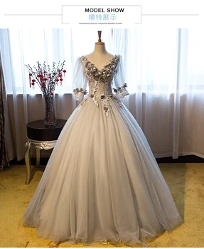 

100%real luxury silver grey bubble sleeve flower embroidery beading princess ball gown medieval dress/victoria belle ball