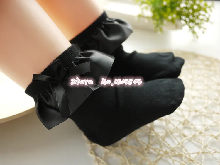 One Pairs Sweet Girls Kids Frilly Satin Lace Cotton Socks Princess Lace Bow Soft Trim Baby Toddler Short Socks High Quality - Цвет: Satin Black