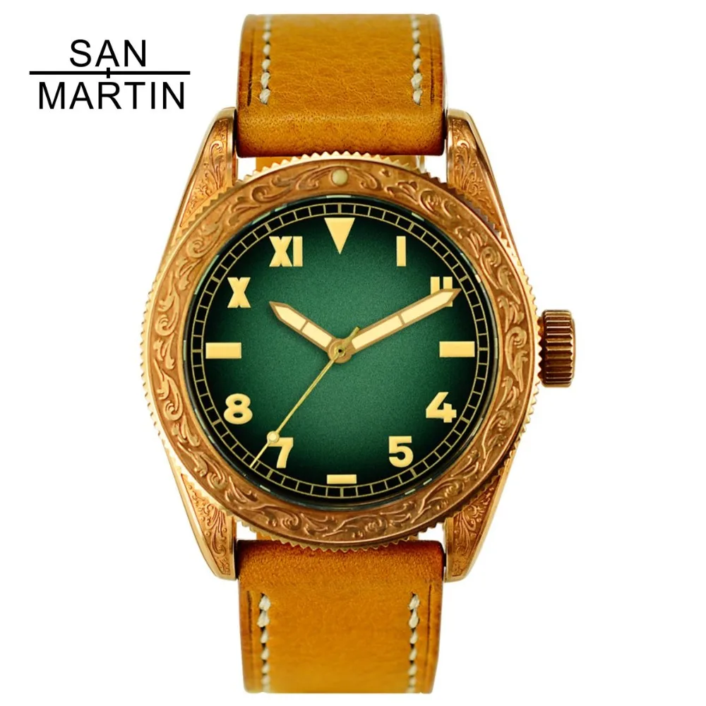 Мужские винтажные часы San Martin из оловянной бронзы автоматические с сапфировым