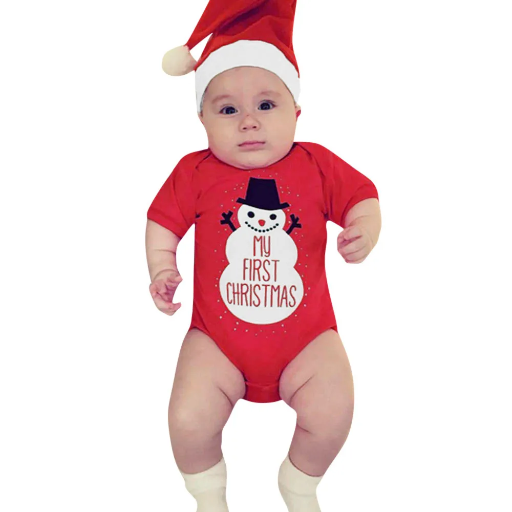 

2PCS Christmas Toddler Baby Cartoon Snowman Letter Print Romper+Hat Set Outfit New Born Baby