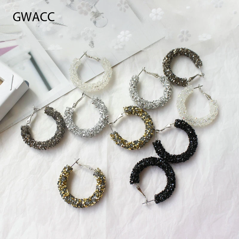 

GWACC New Design Trendy Charm Beads Crystal Hoop earrings Geometric Round Shiny Big Earrings For Women Gift Party Earrings