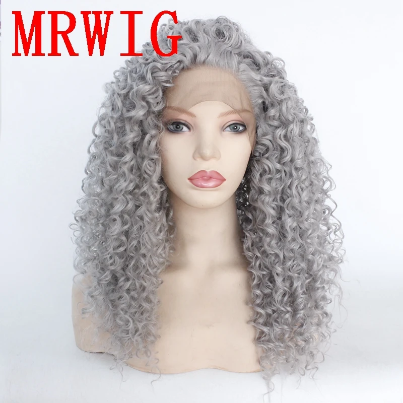 

MRWIG 18in 180%Density Kinky Curly Medium Grey Synthetic Free Part Front Lace Wig Heat Resistant Fiber