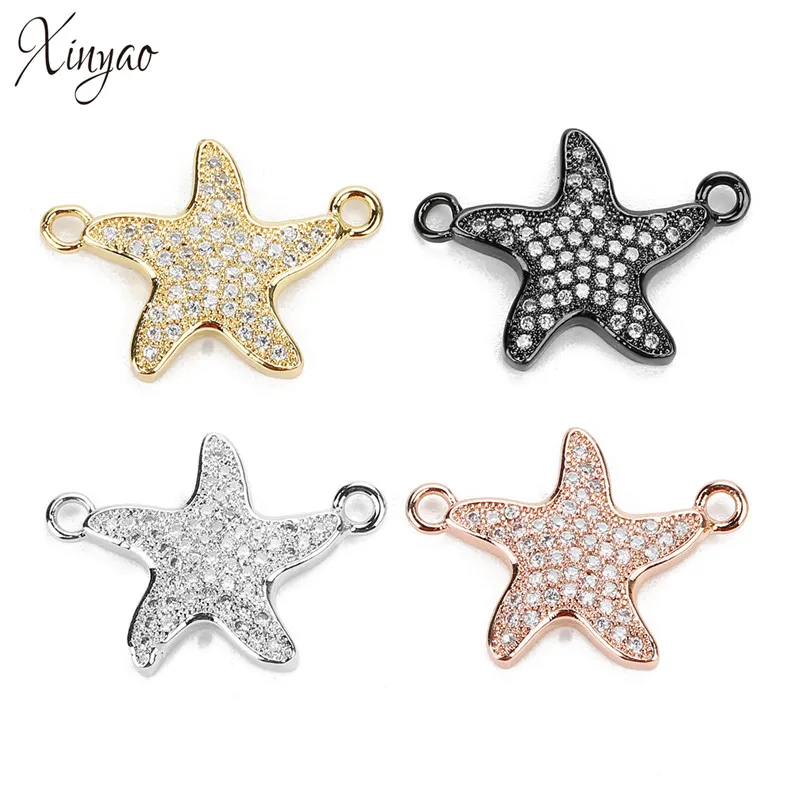 

XINYAO 2Pcs/lot Gold Color Cz Paved Starfish Pendants Connector Charms 17x22.5mm For Diy Bracelet Necklace Jewelry Making F7799