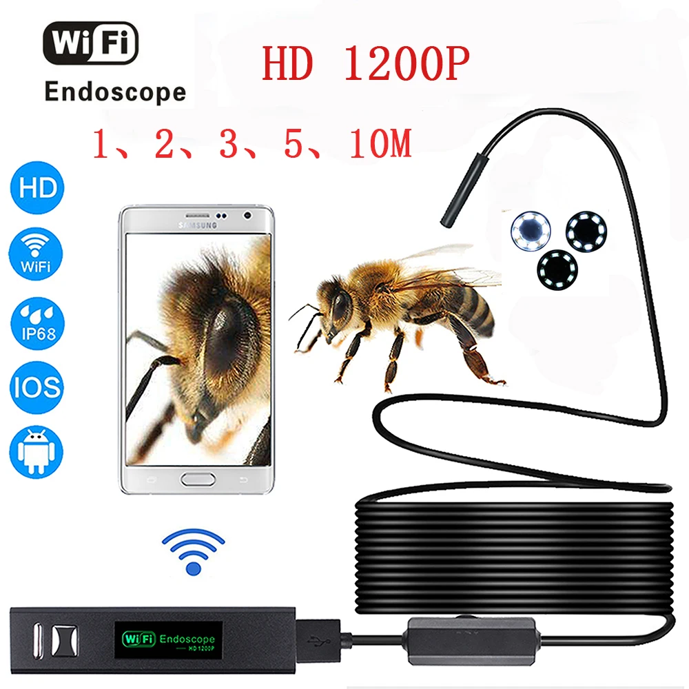 

HD 1200P wifi endoscope camera with Android & IOS Endoscopio 8 LED 8mm Waterproof Inspection Borescope Tube Camera 1-10M cable