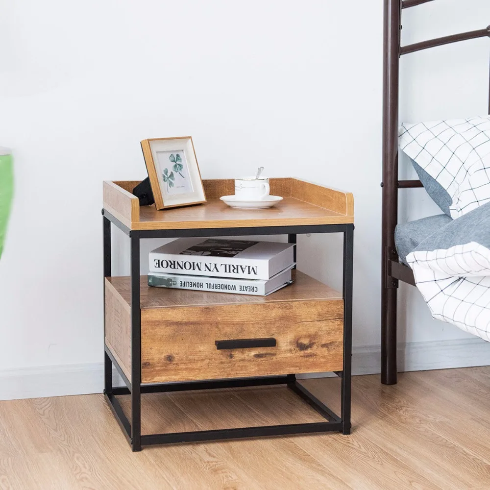 Giantex 2-Tiers End Side Sofa Table Metal Nightstand Storage Display Bedroom W/1 Drawer Home Furniture HW59332