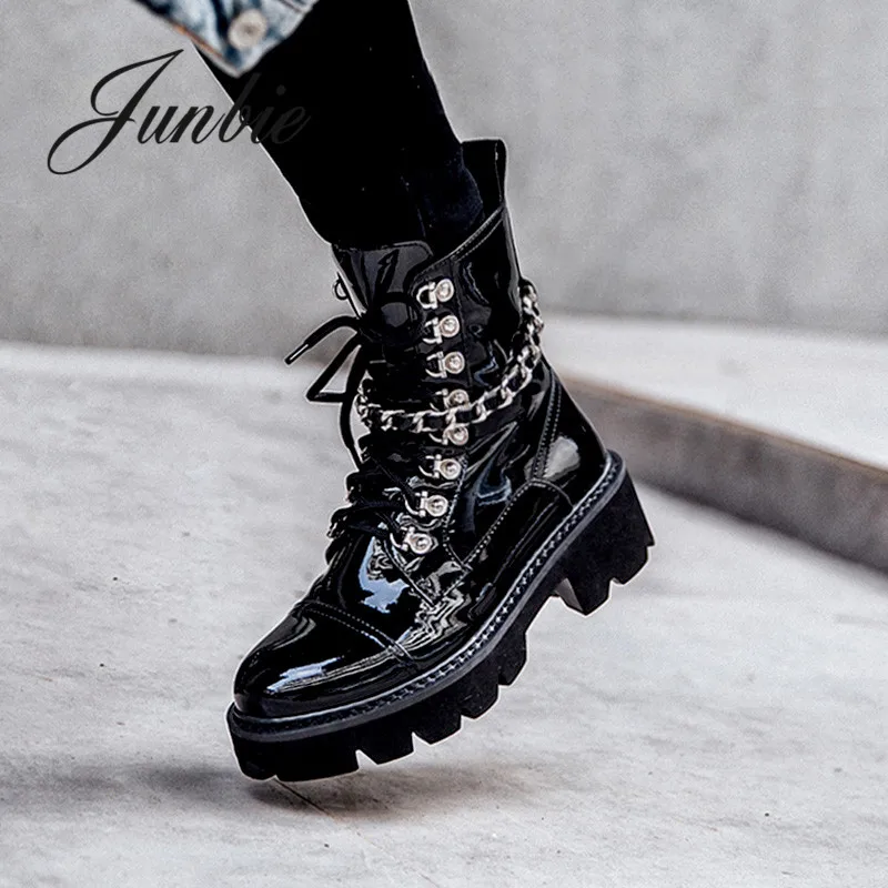 

JUNBIE New Genuine Leather Gladiator Lace Up Motorcycle Boots Cool Punk Metal Chain Low Heel Winter Boots Shoes Women