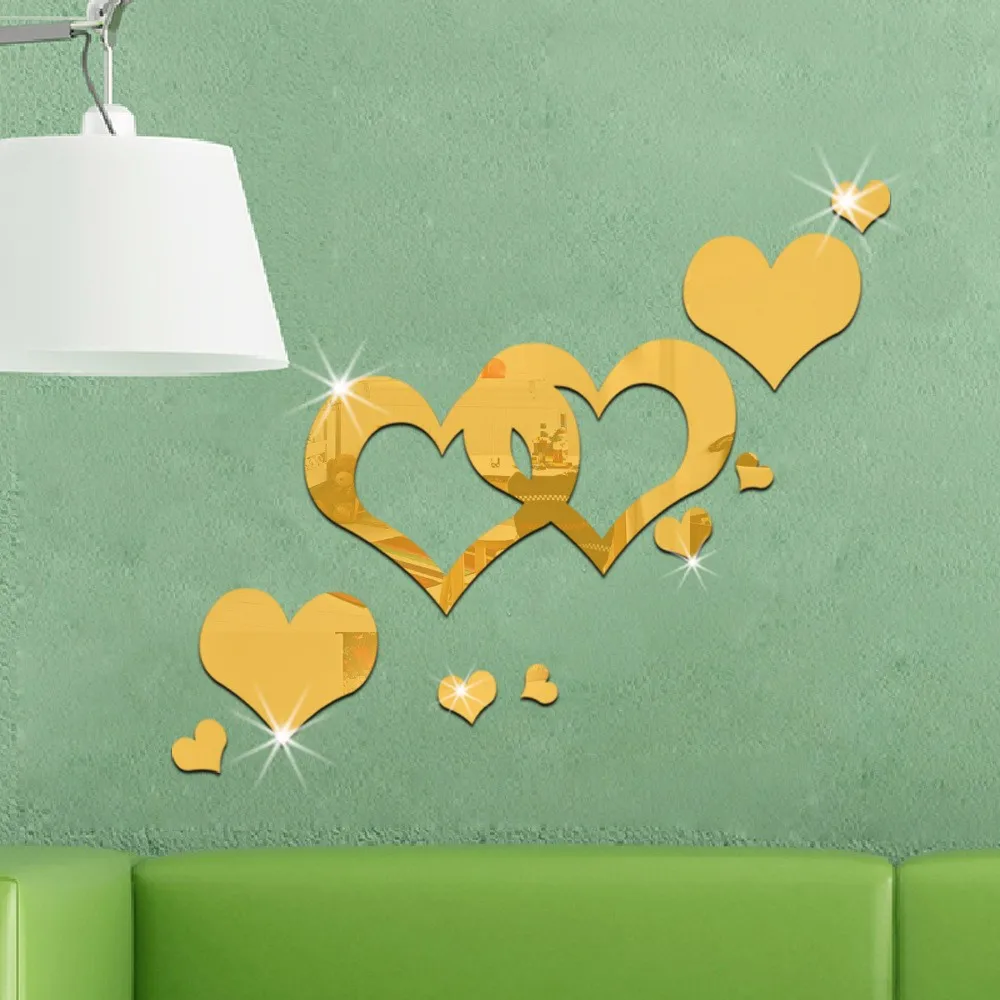 9 шт./компл. 3D модные акриловое зеркальное покрытие Наклейка на стену любовь Дизайн с сердечком Съемная Настенная картина украшения золотой