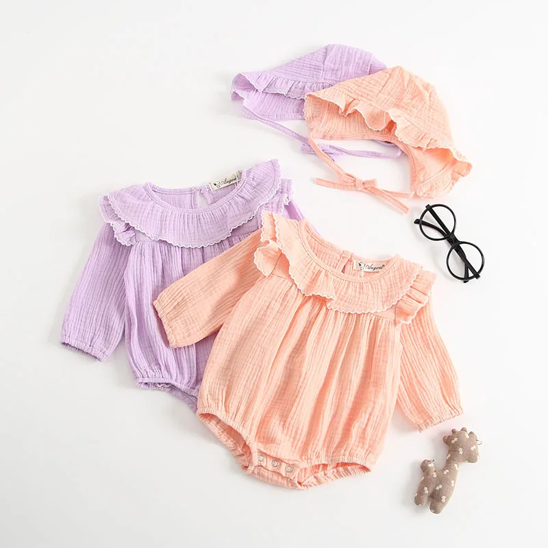 Newest Girls Rompers Cotton Solid Color Autumn Long Sleeve Kids Jumpsuits Girls Clothes With Hat