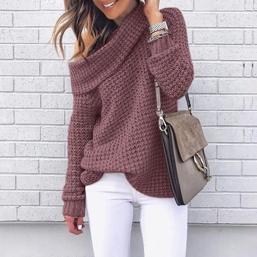 

Autumn Winter Women Shoulder Sweaters Knitting Pullover Long Sleeve Blouse Solid Color Casual Female Sweater Woman Sweater