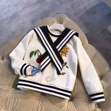 long sleeve tops o-neck cotton t shirt cherry banana embroidery kids tops