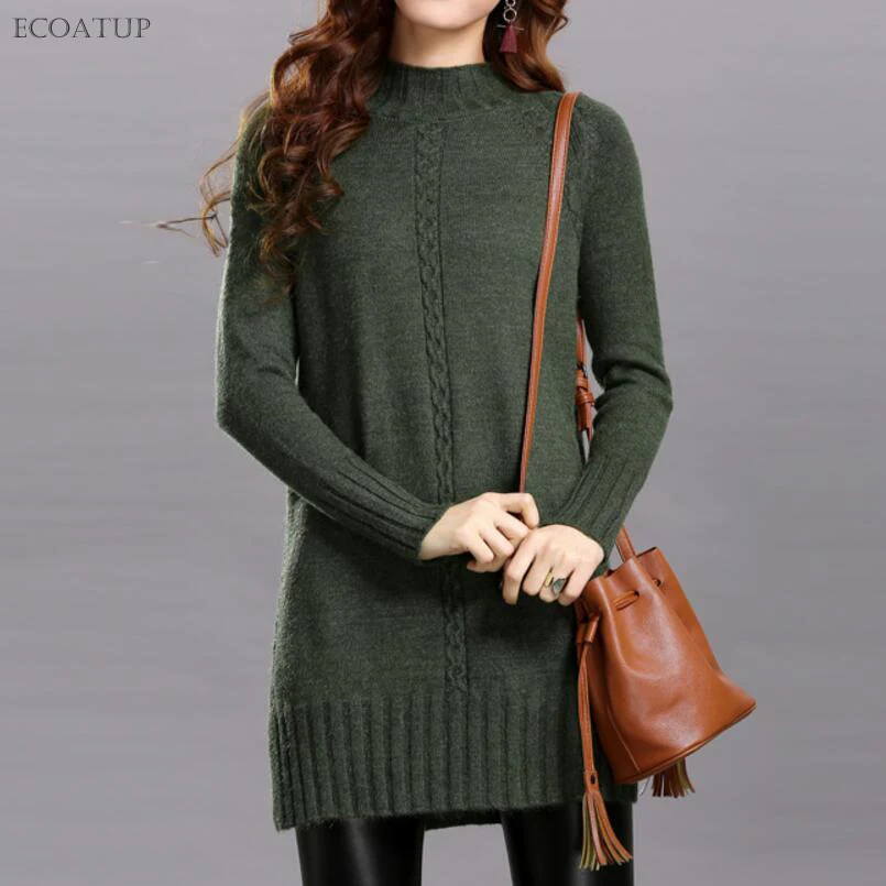 

Half High Neck Sweater Women Fall Autumn Winter Twist Cable Knitted Pullover Solid Color Jumper Slit Side Vent Long Sweater