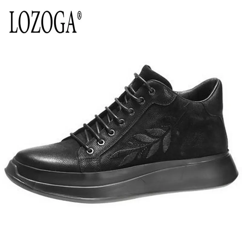 

Lozoga Mens Fashion Boots Brand Ankle Boots Top Quality Genuine Leather Handmade Casual Shoes Sneakers Lace-Up Black Embroider