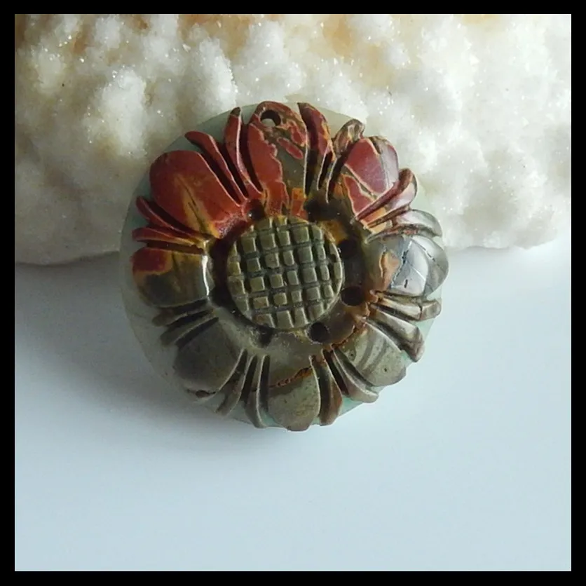 

Birthday gift,Natural Carved Flower Amazonite with Multi-Color Picasso Jasper Intarsia Pendant,36x10mm,18.8g