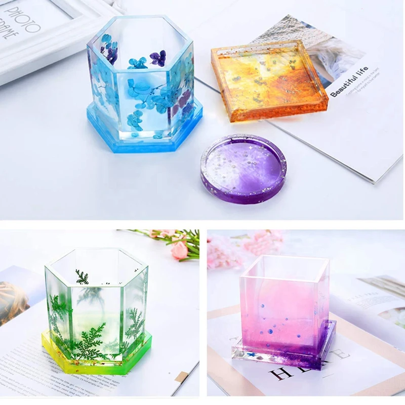 5 шт. Diy силиконовые подставки смолы формы эпоксидное литье в том числе круглый шестиугольник и квадратный Плесень Для смолы бетона цемента дома де