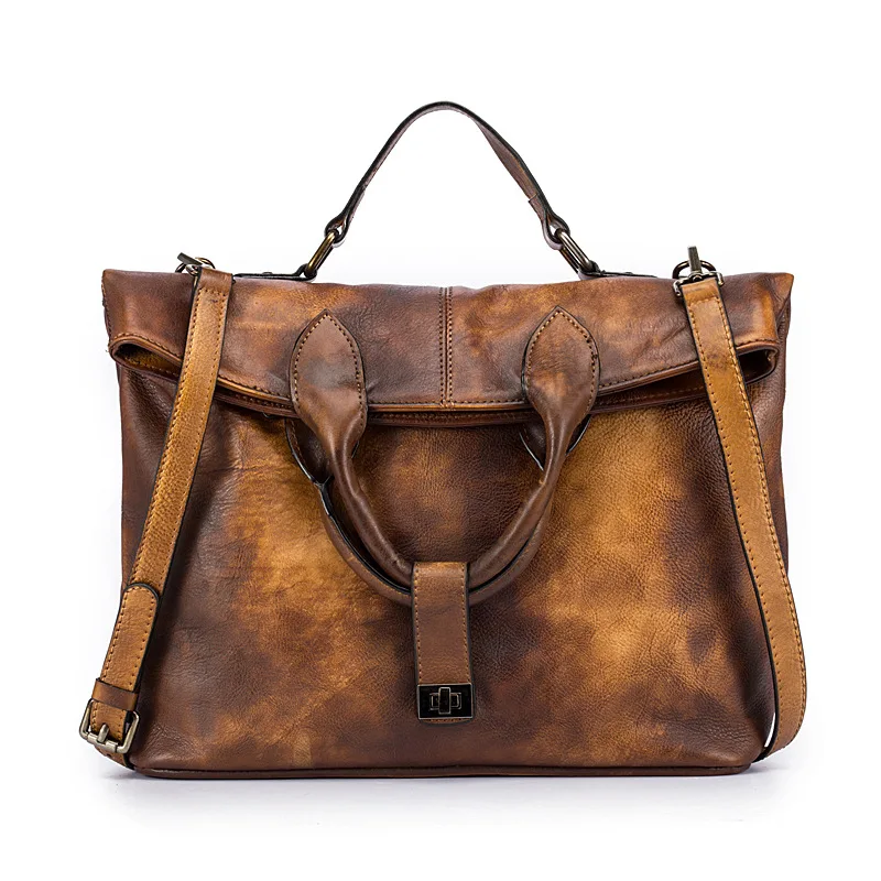 Высококачественная женская сумка-мессенджер из натуральной кожи, сумка через плечо, сумка-тоут из натуральной воловьей кожи, винтажная женская сумка с ручками сверху - Цвет: Brown