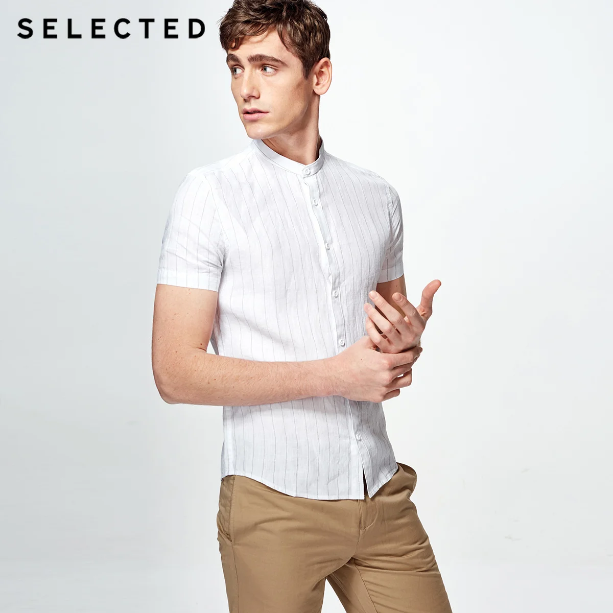 

SELECTED Stripe stand collar slim business leisure short-sleeved shirt S|418204506